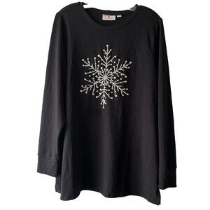 Quacker Factory Women's L Black Silver Rhinestone Snowflake Long Sleeve Top